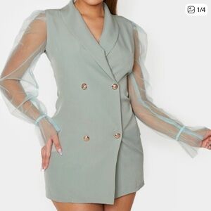 PrettyLittleThing Mint Green Blazer Dress with Sheer Sleeves - Size 10